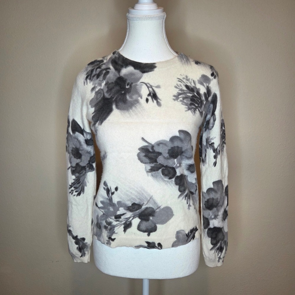 Magaschoni Cashmere Floral Print Crew Neck Sweater Cream Gray Womens Medium